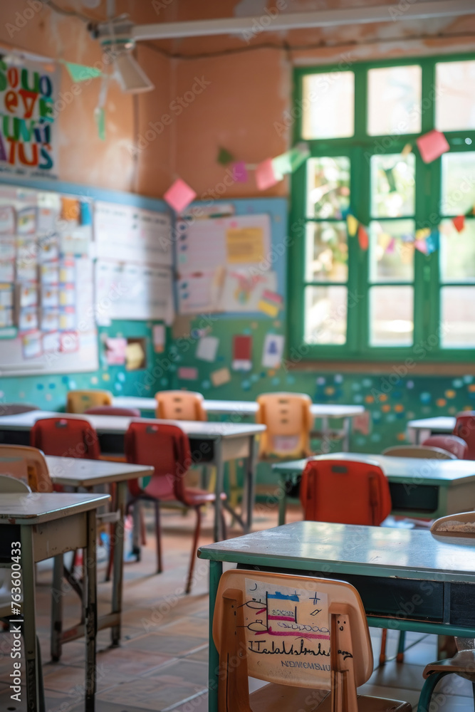 Poster classroom filled with rows of desks and chairs, each neatly aligned. the room appears ready for a le