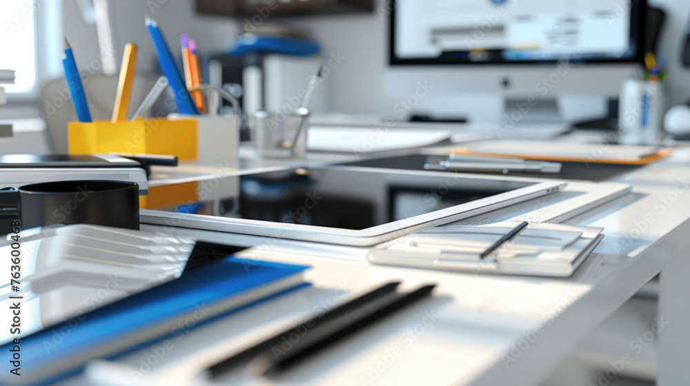 Poster a desk set up with a computer monitor displaying information, surrounded by various pens and pencils