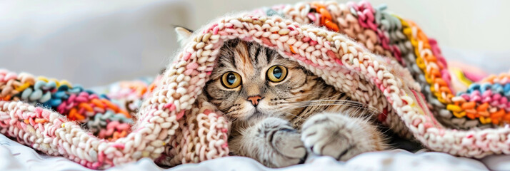 A cat comfortably resting under a blanket on top of a bed