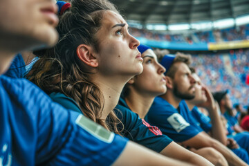 A group of male and female French football fans sit in the stadium with very sad faces and distressed expression and Hands clasped together desperately over her heads after losing the game - obrazy, fototapety, plakaty