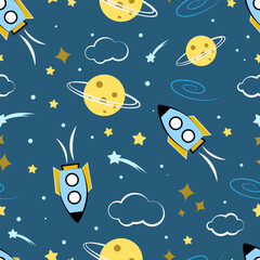 Seamless pattern with rocket, space, stars, planet