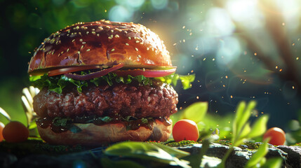 A hamburger positioned on top of a vibrant green field under the clear sky