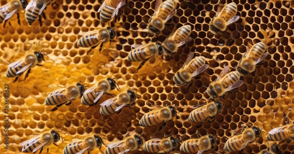 Poster a close-up of honeybees working tirelessly on a honeycomb, the hexagonal cells are filled with golde