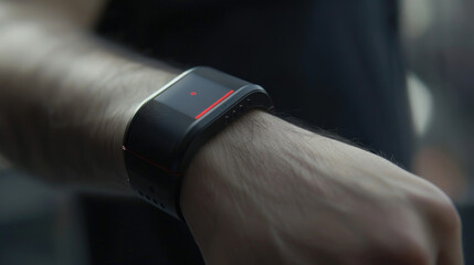 Close-up view of a persons wrist as they wear a smart watch, showing the devices screen and wristband - obrazy, fototapety, plakaty