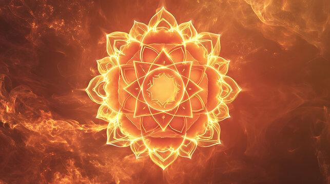 Yoga lotus pose for sacral chakra meditation in front of the Svadhisthana chakra symbol. Peaceful decor for serene meditation environment, featuring the Svadhishthana sacral chakra symbol illustration