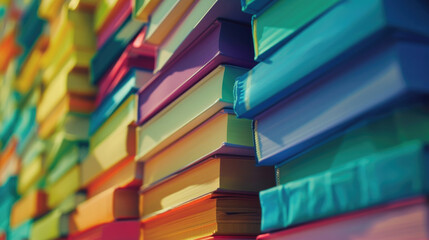 A rainbow colored wall with numerous books stacked on top of each other in a neat arrangement