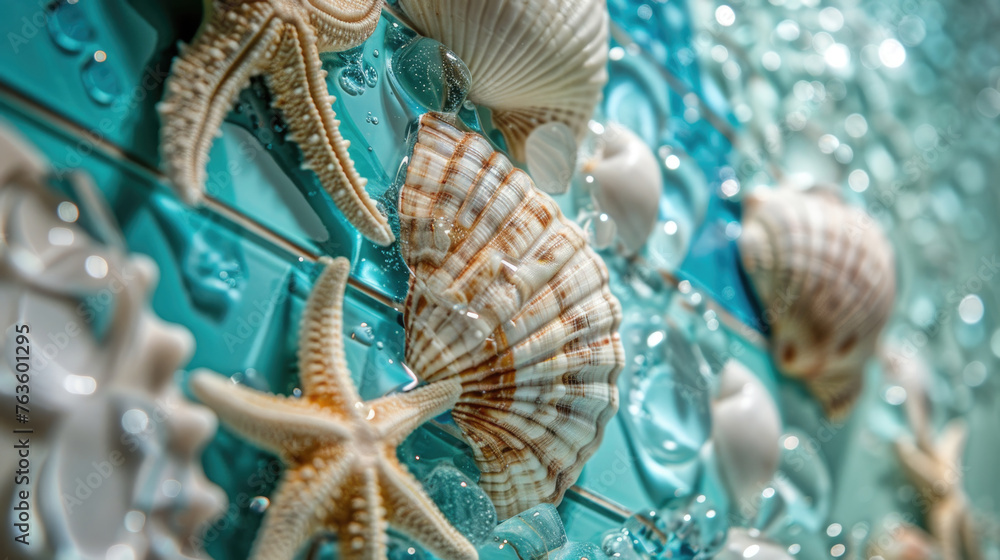 Poster view of various sea shells closely arranged on blue wall, showcasing intricate textures and patterns