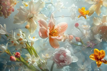 Fototapeta na wymiar Spring flowers background. Tulips, daffodils, narcissus