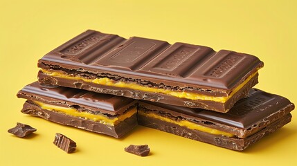 Chocolate bars on a yellow background. Close-up view.