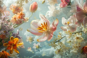 Naklejka na ściany i meble Beautiful spring flowers. Tulips, daffodils and hyacinths