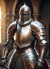 In the cloistered quarters of a medieval structure, a stoic knight clad in ornate armor surveys his surroundings. The intricacies of his suit reflect a bygone era of craftsmanship and duty. AI