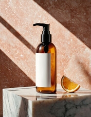 3D Amber Spray Mockup with a lemon slice on a marble podium with sun shadows. Promotion of natural cosmetics.