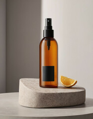 Amber Spray Bottle Mockup on a stone gray podium with lemon. Promotion of natural cosmetics.