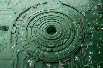 Futuristic green circuit board illustration, highlighting hi-tech computer digital technology with a circular design element on a light gray background