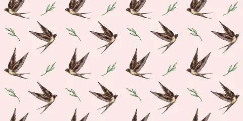 Foto op Aluminium Swallow watercolor clipart illustration seamless pattern birds songbird leaves feathers fauna nature animals ecological © lidianureeva