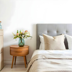 Round bedside table with flower bouquet vase near bed with wooden headboard against white wall. Scandinavian interior design of modern bedroom.

