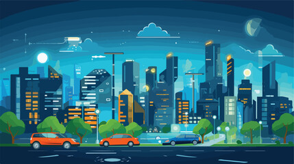 Smart city design flat cartoon vector illustration - obrazy, fototapety, plakaty