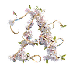 Letter A. Light fresh floral spring composition in sakura petals in beige and pink tones on blue, arrival of spring dynamic greens and sakura, attention to detail product, bokeh and particles