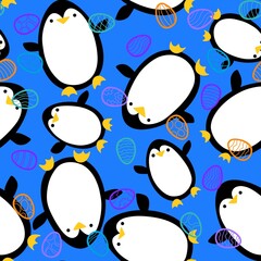 Spring Easter animals seamless penguin and eggs pattern for wrapping paper and kids print and party accessories