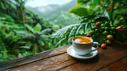 Cup of organic coffee on a wooden table, in the middle of a coffee plantation, in a tropical forest.