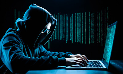 hacker with computer, cybercrime, cyberattack, hacker sits in a dark room