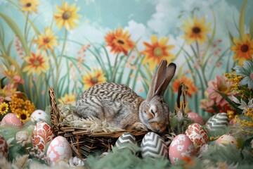 Obraz premium Easter bunny and Easter eggs in the grass with sunflowers