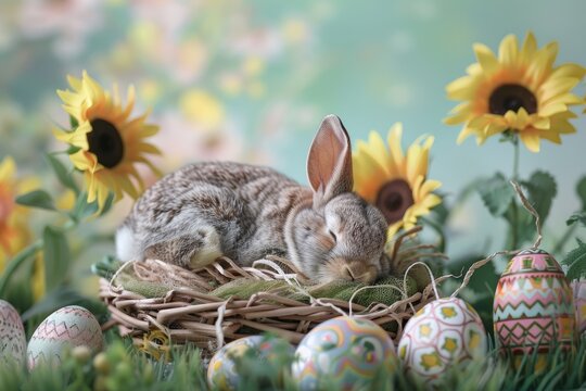 Easter bunny and Easter eggs in the grass with sunflowers