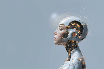 A female humanoid robot with an elegant, white metallic finish and glowing circuitry in her head stands against a soft grey background