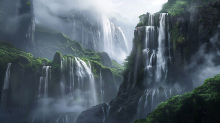 A majestic waterfall cascading down rugged cliffs, surrounded by lush greenery and misty air