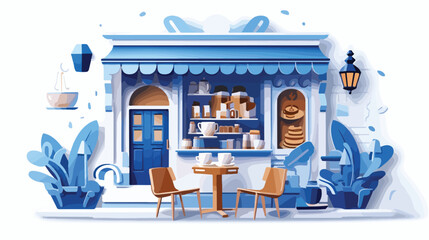 3-d model coffee shop blue and fancy paper art flat