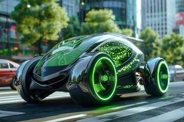 Technology transformation in the automotive industry, depicted with green innovation and futuristic car designs for sustainable mobility