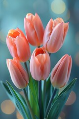 Pink tulips in pastel coral tints at blurry background, closeup. Fresh spring flowers in the garden - 763604050