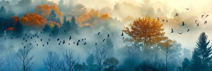 autumnal picture - fogy forest and flying birds

