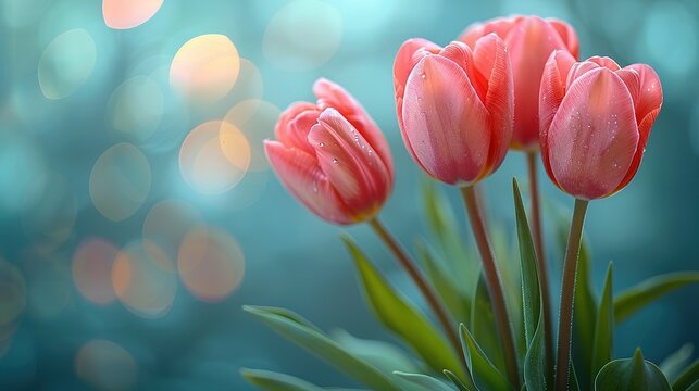 Pink tulips in pastel coral tints at blurry background, closeup. Fresh spring flowers in the garden