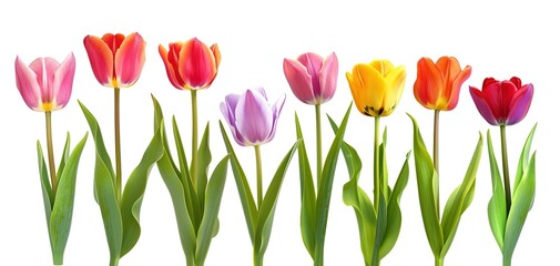 Red, pink, yellow, white, and purple tulips rise up against a white background