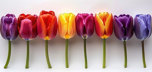 Red, pink, yellow, white, and purple tulips rise up against a white background