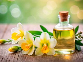 Floral scent aroma oil in a glass bottle with delicate flowers