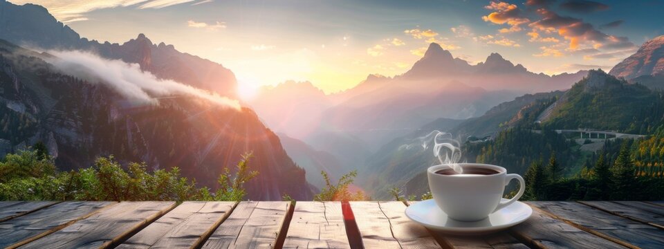A cup of hot morning coffee with steam on a wooden table against a background of sunrise scene in the mountains. Wide scale panoramic image created by 