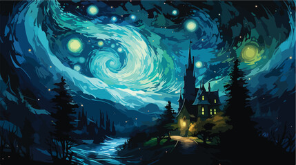 A blue starry night illustration in the style of pr - obrazy, fototapety, plakaty