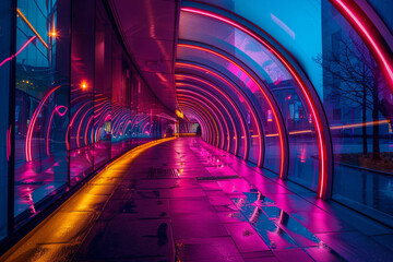 Urban architecture with neon lights, reflecting modern technology and futuristic design