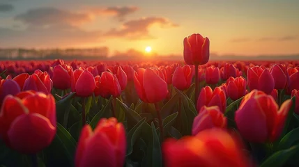 Fototapeten A magical landscape with sunrise over tulip field in the Netherlands © Vasiliy