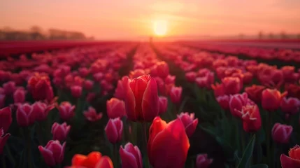 Selbstklebende Fototapeten A magical landscape with sunrise over tulip field in the Netherlands © Vasiliy
