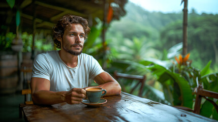 20s white man sitting at a table with a cup of organic coffee in front of him, enjoying the view of the forest, Concept of relaxation and contemplation