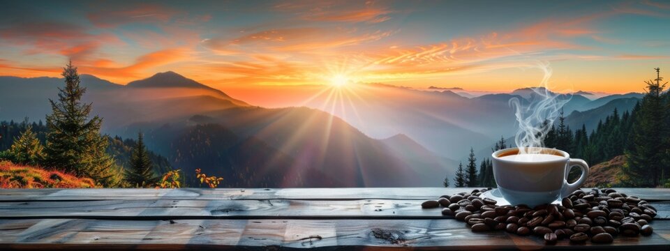 A cup of hot morning coffee with steam on a wooden table against a background of sunrise scene in the mountains. Wide scale panoramic image created by 