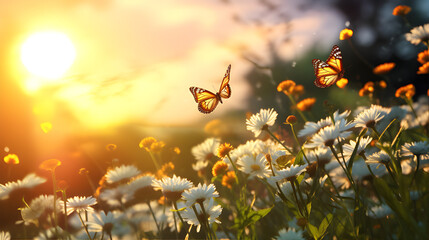 A collage of four ethereal images of butterflies fluttering among colorful wildflowers bathed in the warm glow of the setting sun. - obrazy, fototapety, plakaty