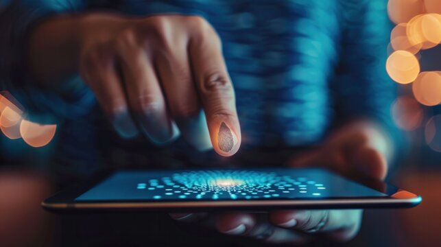 Man holding the tablet in hand and scanning fingerprint to access internet, cybersecurity concept on the internet, internet and networking concept