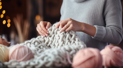 Hand Knitting a Thick Wool Blanket - obrazy, fototapety, plakaty
