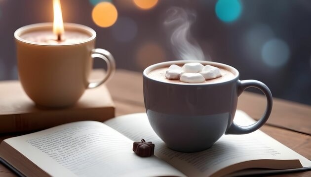 cup of hot cocoa,  and book on table bokeh, World Book Day created with Generative AI