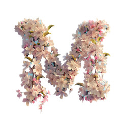 Letter M. Light fresh floral spring composition in sakura petals in beige and pink tones on blue, arrival of spring dynamic greens and sakura, attention to detail product, bokeh and particles