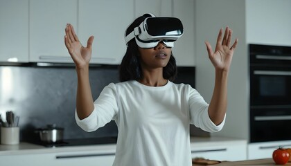 woman in white augmented virtual reality glasses gesticulates with her hands while controlling a virtual screen while standing in a modern home kitchen created with generative ai. 